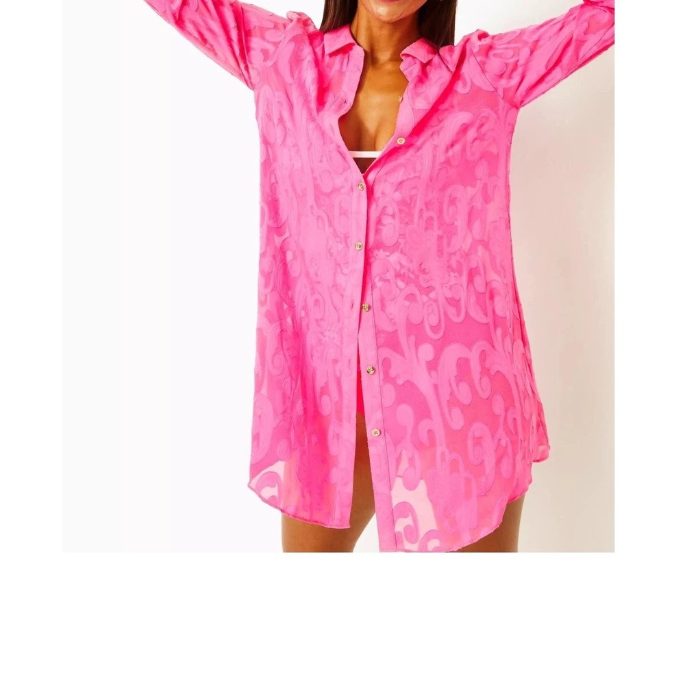 Lilly Pulitzer Natalie Shirt Dress Dragonfruit Pink Burnout Paisley Cover Up S - Picture 1 of 8